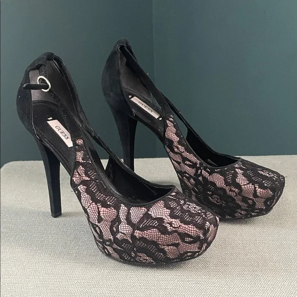 Guess Black Lace Overlay Pink platform Heels vintage - Picture 1 of 12